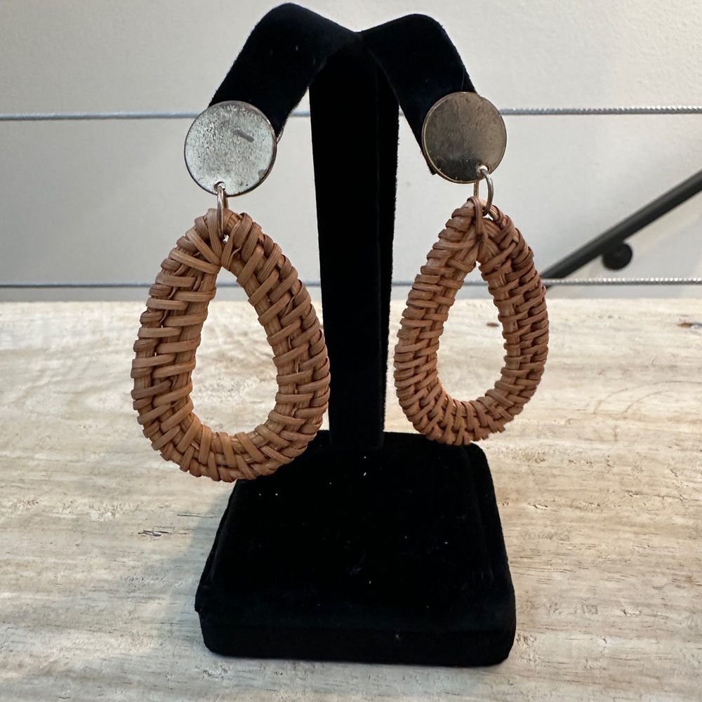 Tan Woven Rattan Teardrop Earring Gold Disc Statement Earring Coastal Chic Beach
